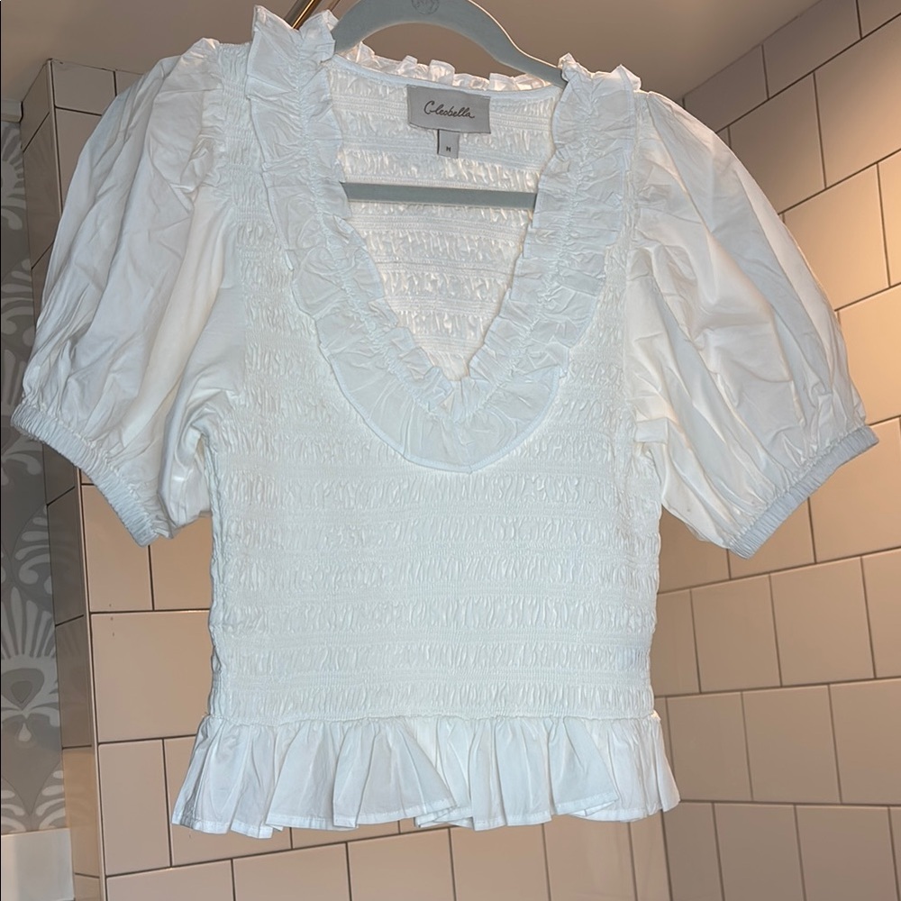 Cleobella White Puff Sleeve Ruffled Blouse NWOT